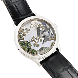 Montre VAN CLEEF & ARPELS "Midnight Palais de la Chance Pies Décor" en or blanc, nacre, émail et cuir - Castafiore