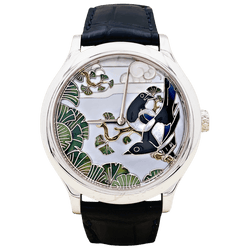 Montre VAN CLEEF & ARPELS "Midnight Palais de la Chance Pies Décor" en or blanc, nacre, émail et cuir - Castafiore