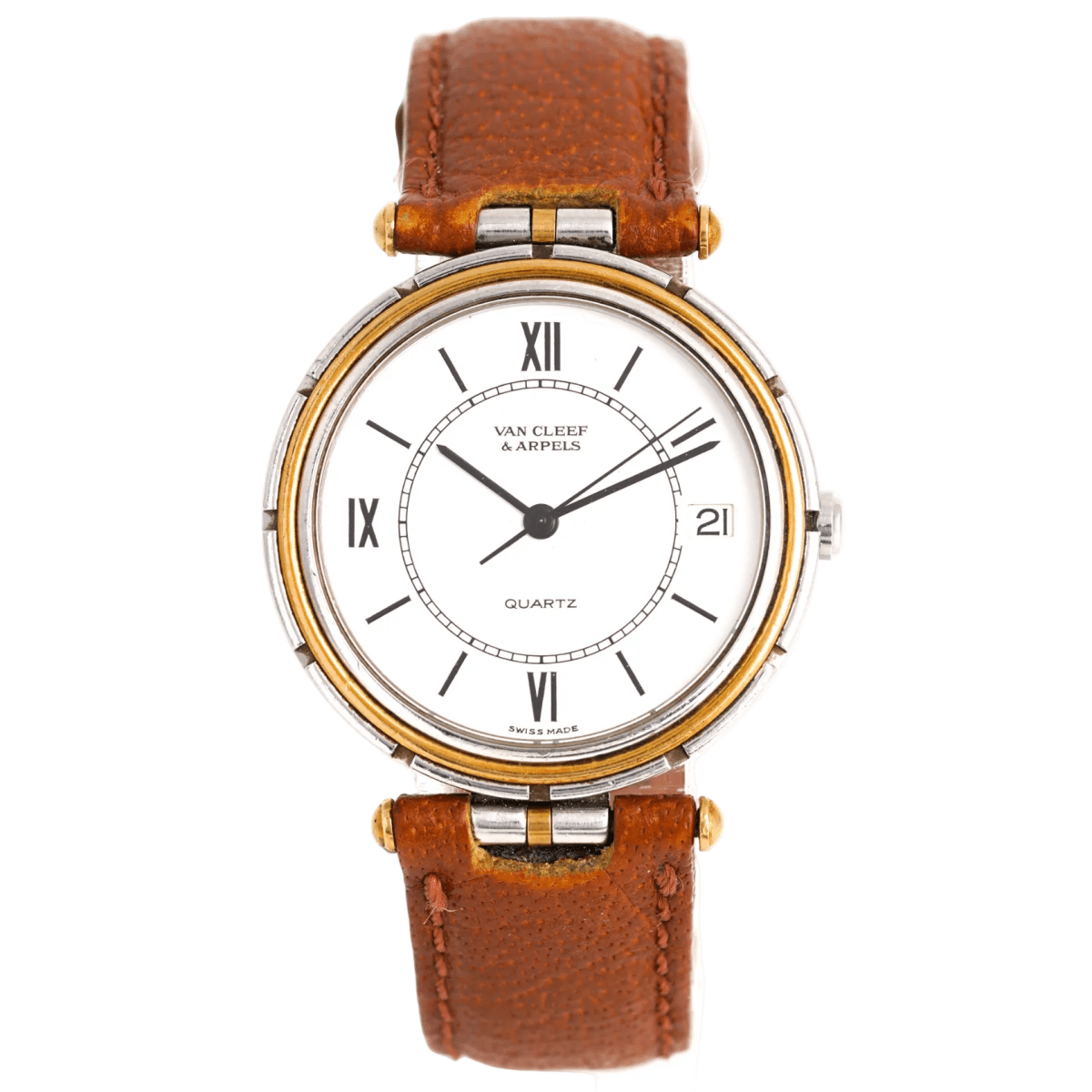 Montre VAN CLEEF & ARPELS "PA 49" GM en or jaune, acier et cuir - Castafiore