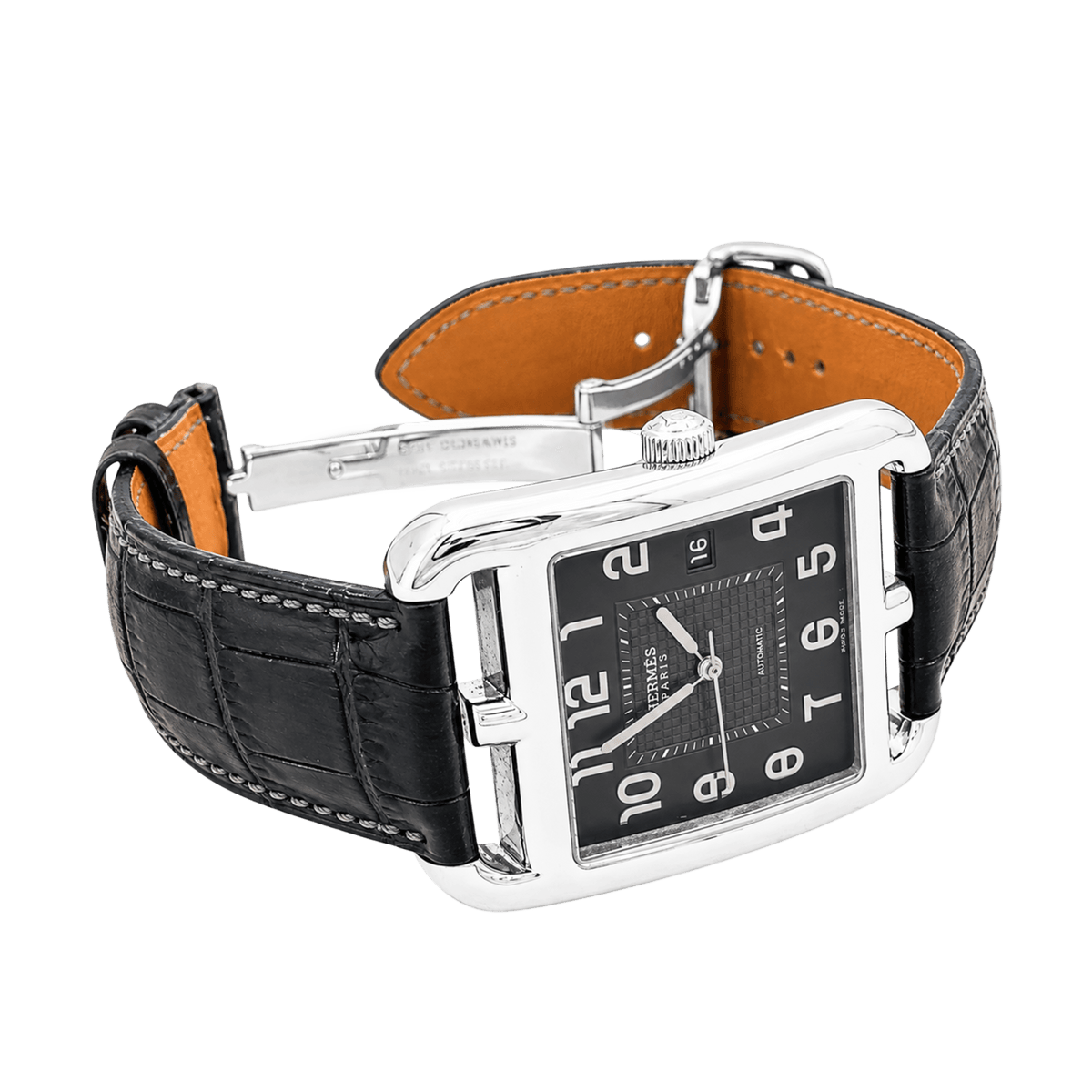 Montre Homme Hermès, "Cape Cod", acier, cuir. Très grand modèle.