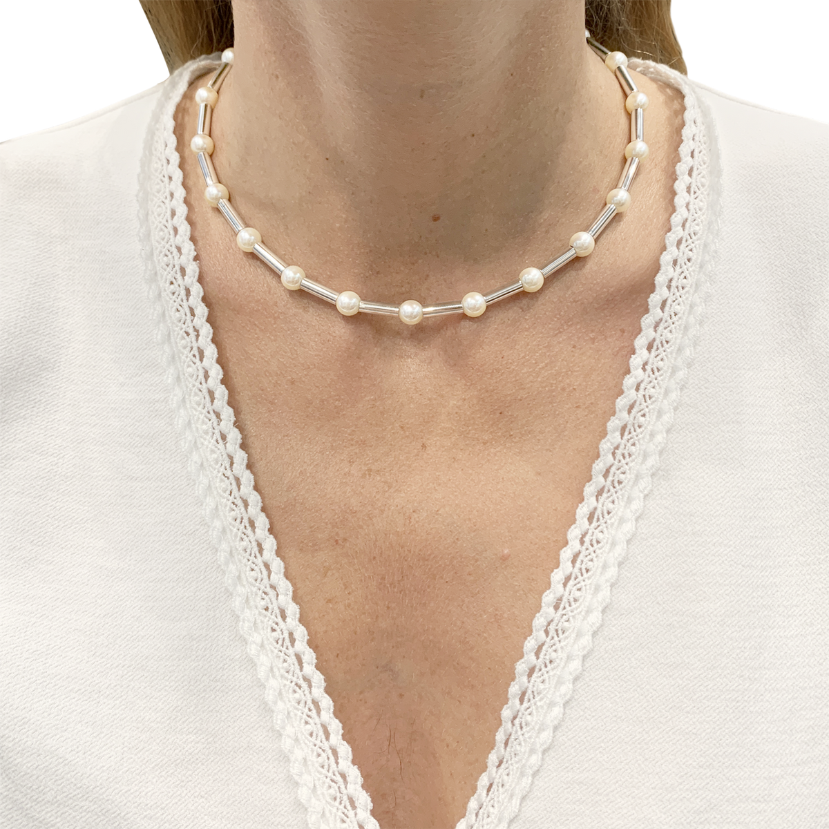 Collier Poiray "Fuseau", or blanc, perles.