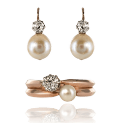 Parure Bague et Boucles d'oreilles en or rose, perles et diamants - Castafiore