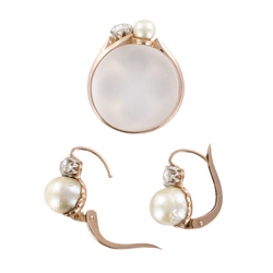 Parure Bague et Boucles d'oreilles en or rose, perles et diamants - Castafiore