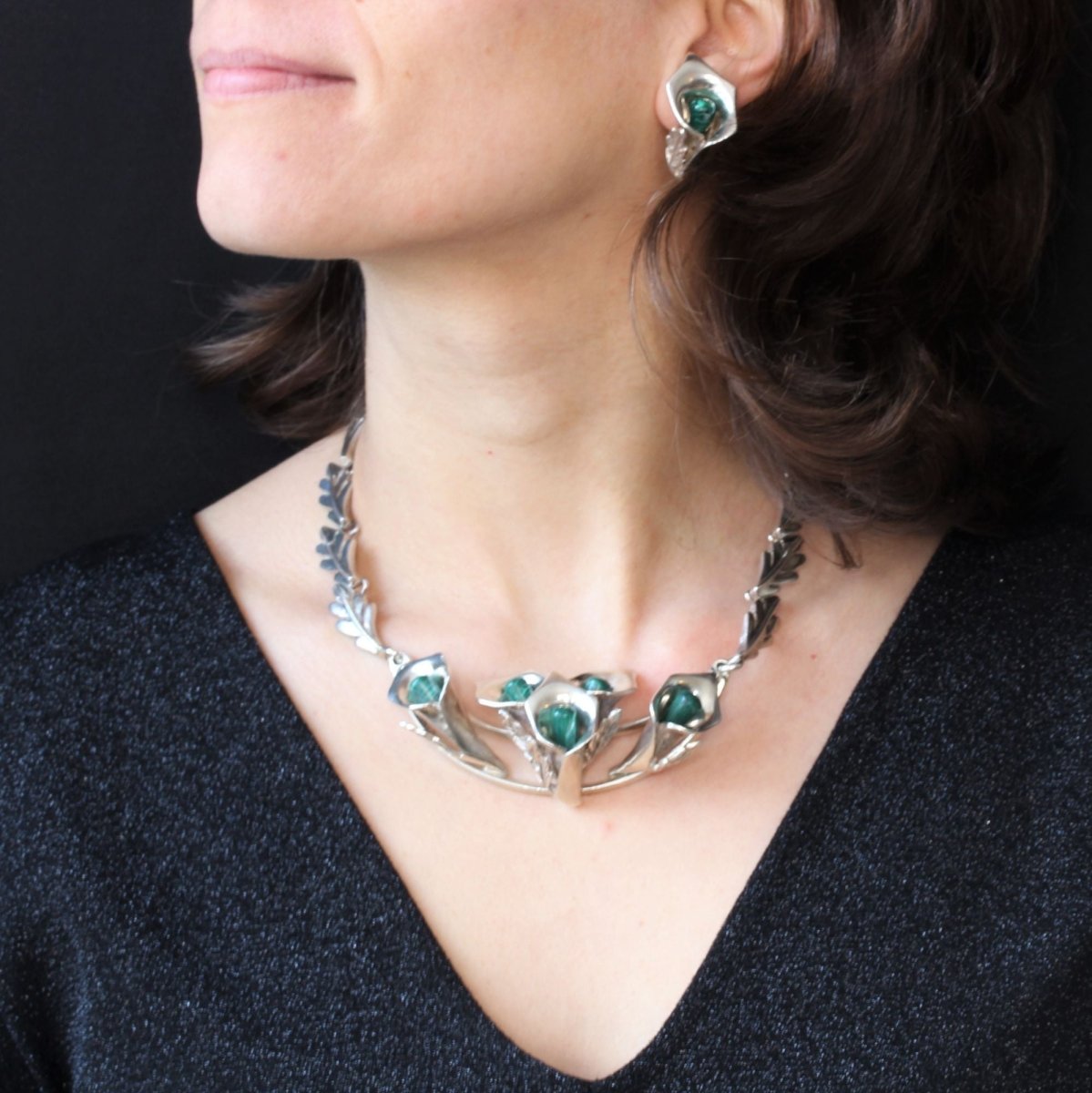 Parure VINTAGE Arum en argent et malachite - Castafiore