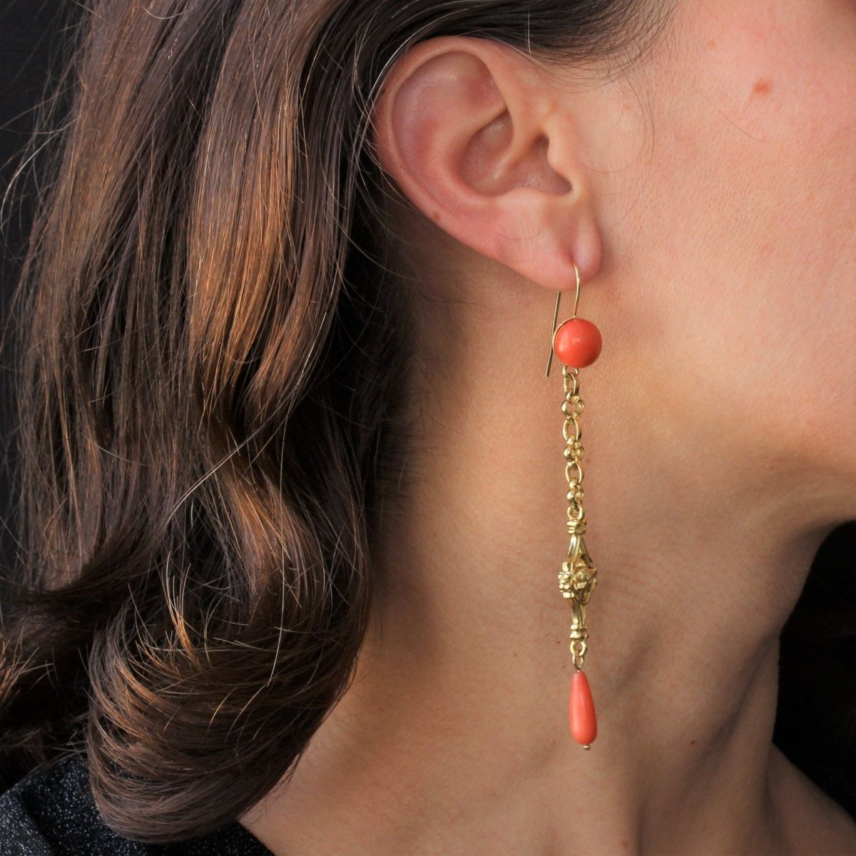 Pendants d'oreilles ANCIENS Corail en or jaune - Castafiore