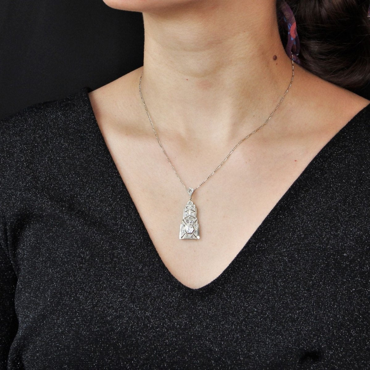Pendentif art déco diamants et sa chaine - Castafiore