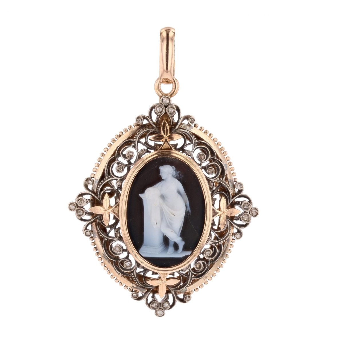 Pendentif broche camée en or rose et argent avec diamants - Castafiore
