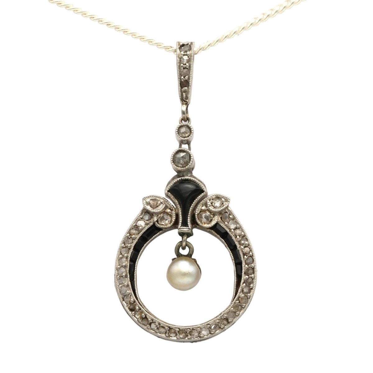 Pendentif en or blanc, onyx, perle et diamants - Castafiore