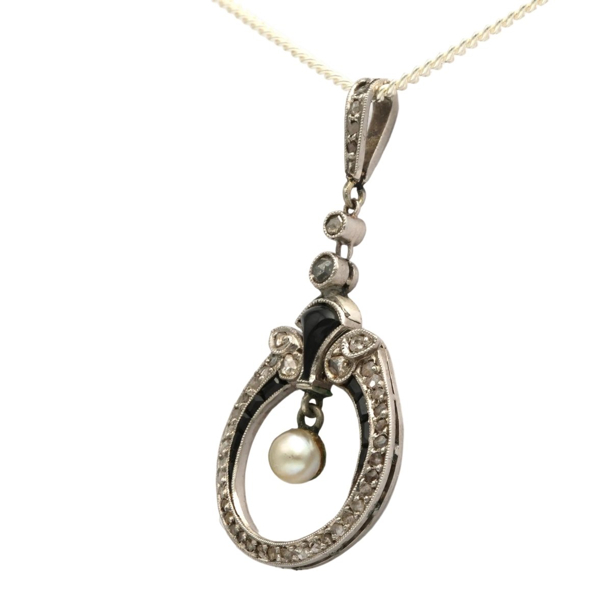 Pendentif en or blanc, onyx, perle et diamants - Castafiore