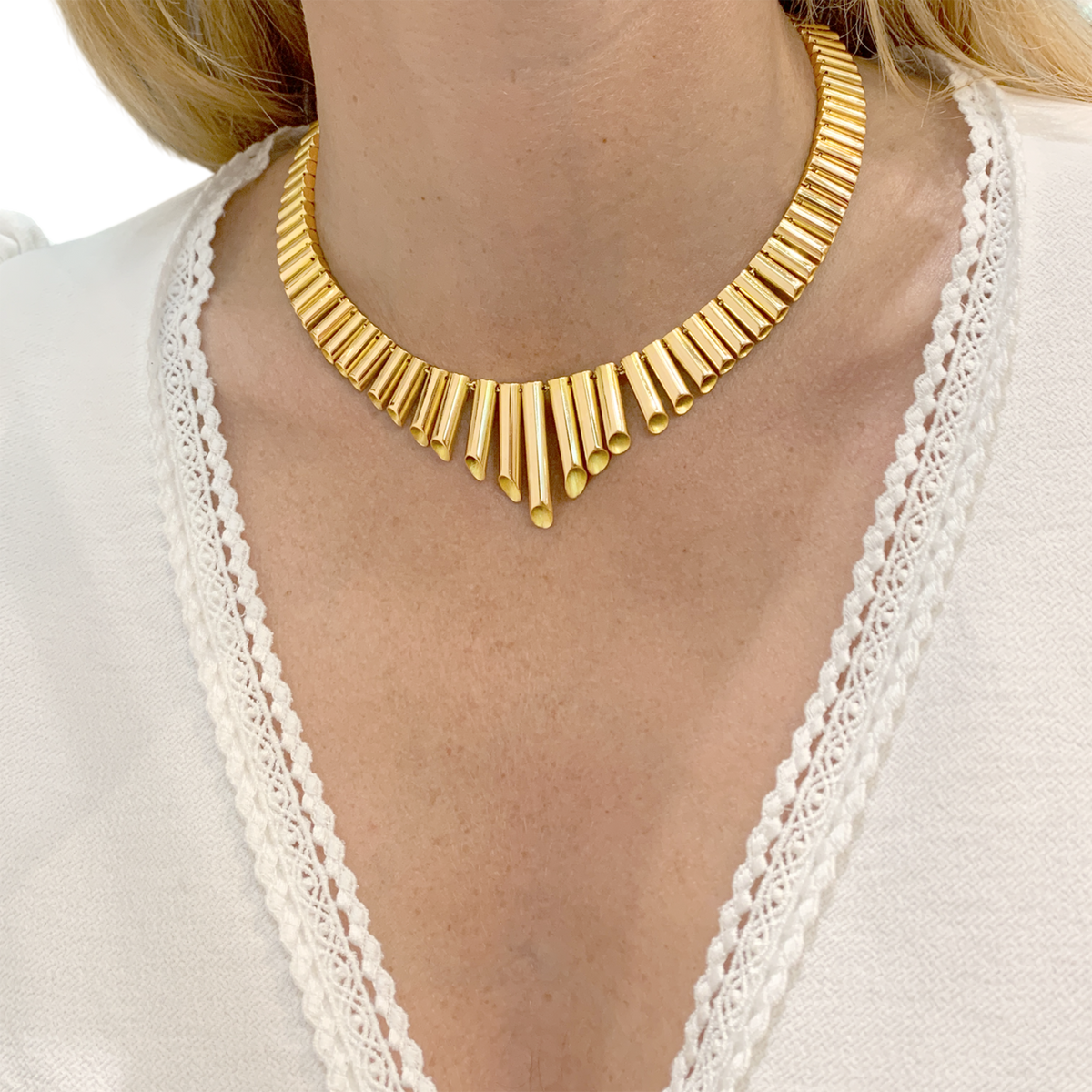 Collier maillons tubulaires en chute, or rose.
