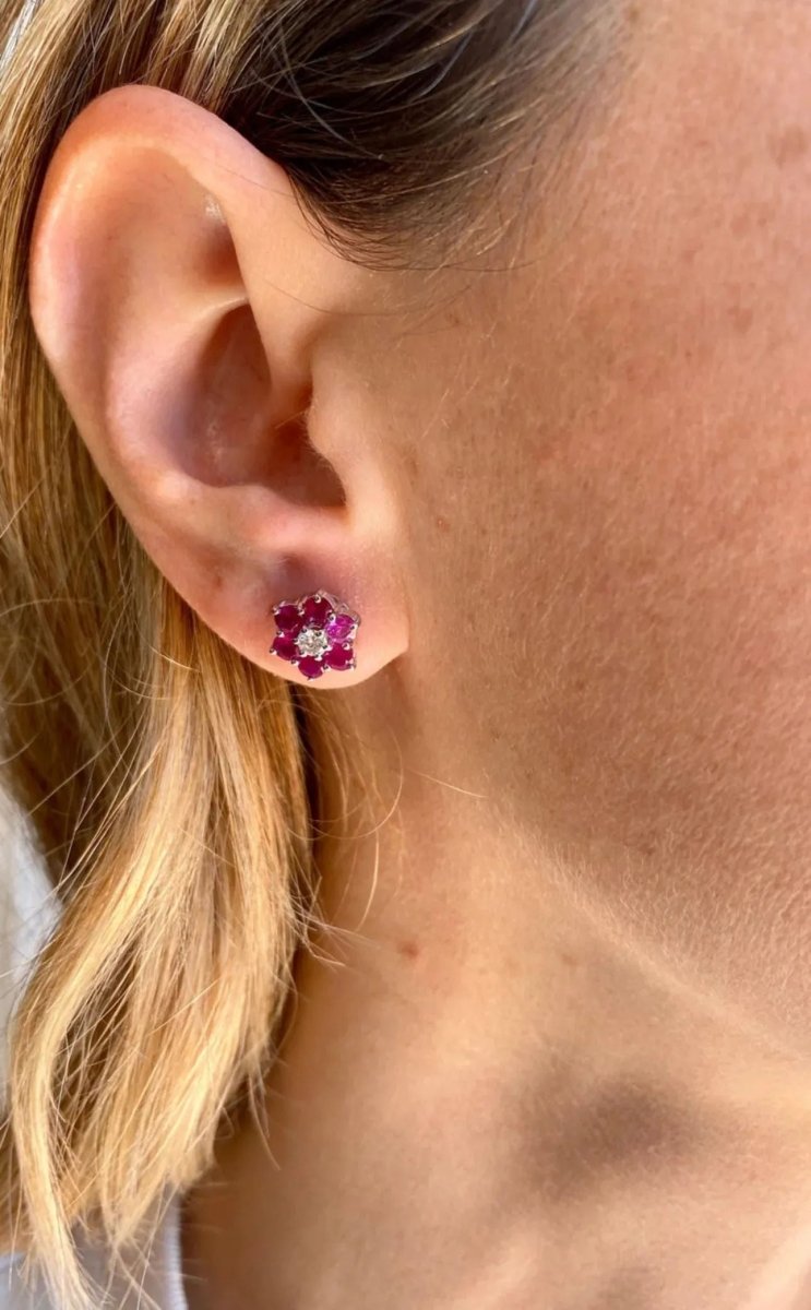 Vintage Ruby Diamond Gold Cluster Stud Earrings - Castafiore