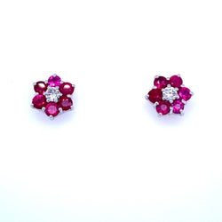 Vintage Ruby Diamond Gold Cluster Stud Earrings - Castafiore