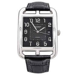 Montre Homme Hermès, "Cape Cod", acier, cuir. Très grand modèle.