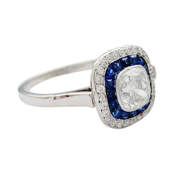 Bague Art déco, diamant coussin, saphirs calibrés - Castafiore