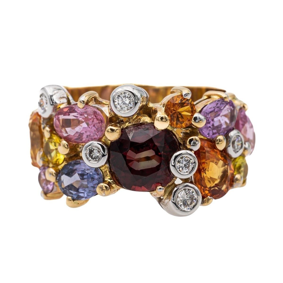 Bague Bandeau en or jaune, grenat, saphirs et diamants - Castafiore