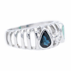 Bague Jonc ajouré en or blanc, saphir, émeraude et diamant - Castafiore