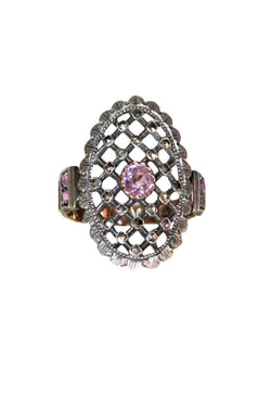 Bague Marquise en or jaune et argent et en pyrites, améthyste et pierres roses - Castafiore