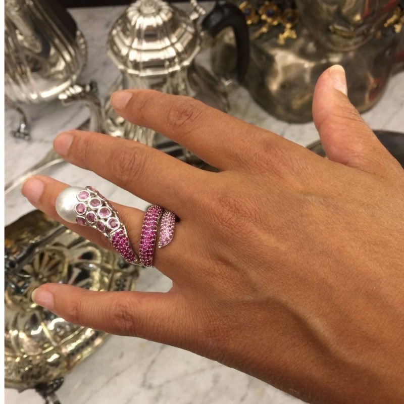 Bague or gris saphirs roses perle - Castafiore