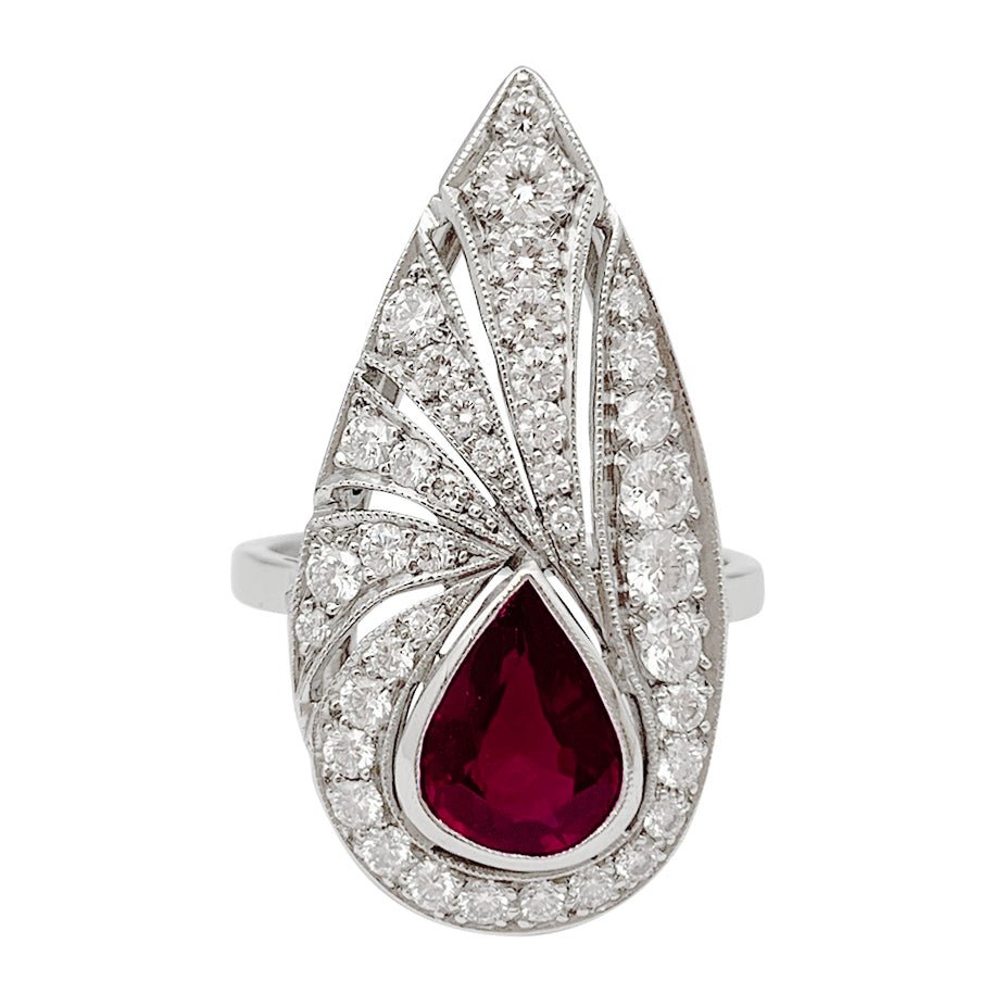 Bague platine, diamants, rubis de synthèse - Castafiore