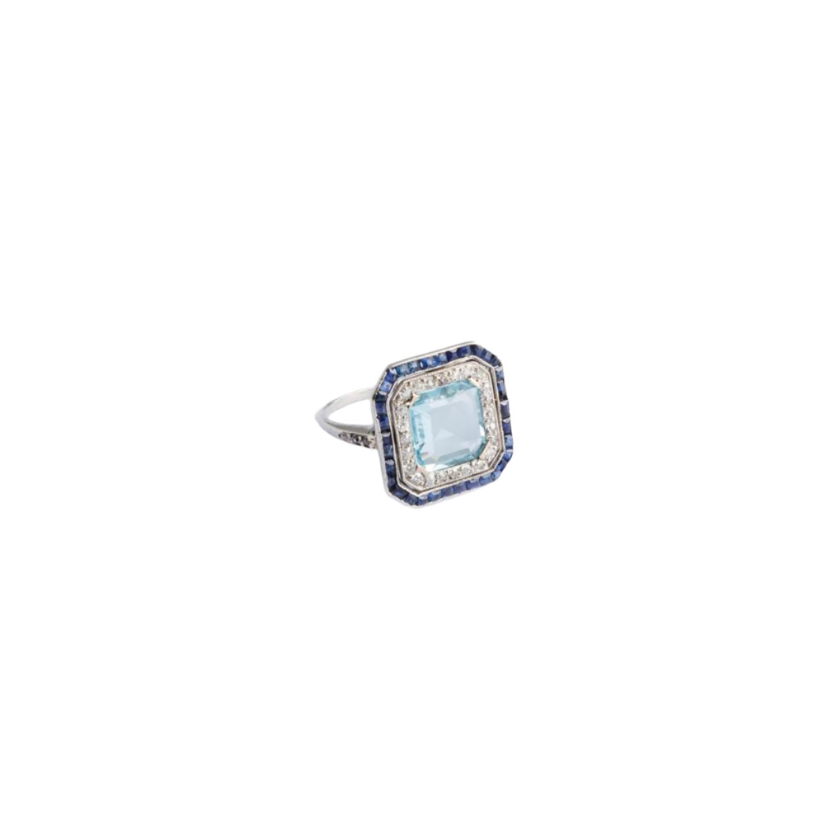 Bague sertie d'une aigue-marine et de saphirs baguettes - Castafiore