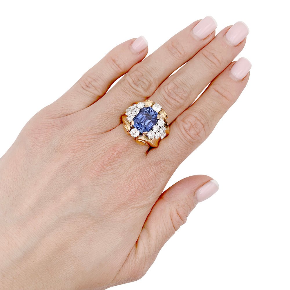 Bague Tank en or jaune et platine, saphir et diamants - Castafiore