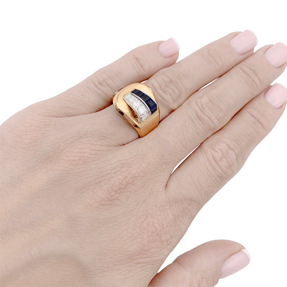 Bague Tank en or jaune, saphirs et diamants - Castafiore