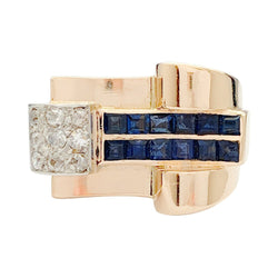 Bague Tank or rose, platine, saphirs, diamants - Castafiore