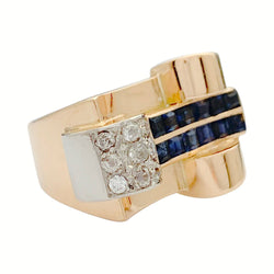 Bague Tank or rose, platine, saphirs, diamants - Castafiore