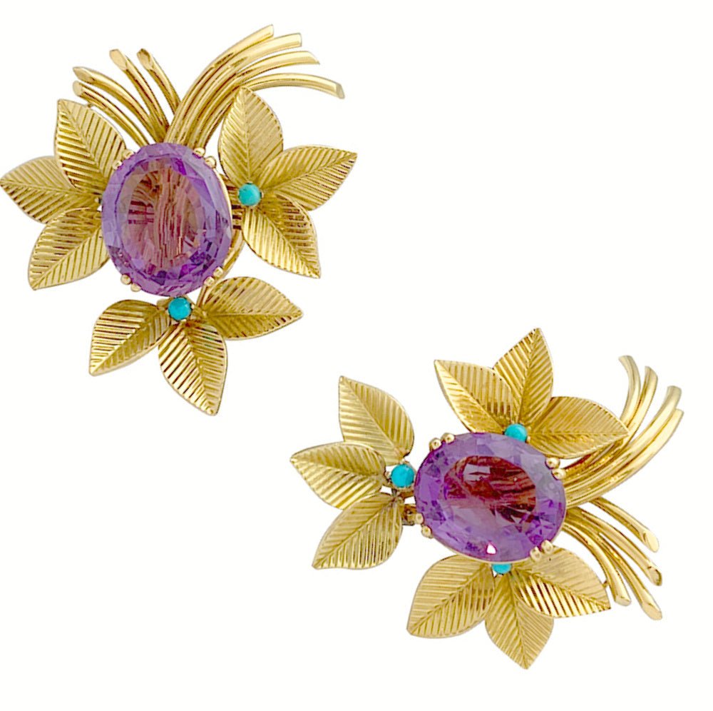 Boucles d'oreilles en or jaune, améthystes et turquoises - Castafiore
