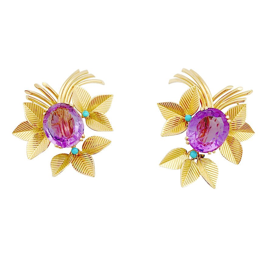 Boucles d'oreilles en or jaune, améthystes et turquoises - Castafiore