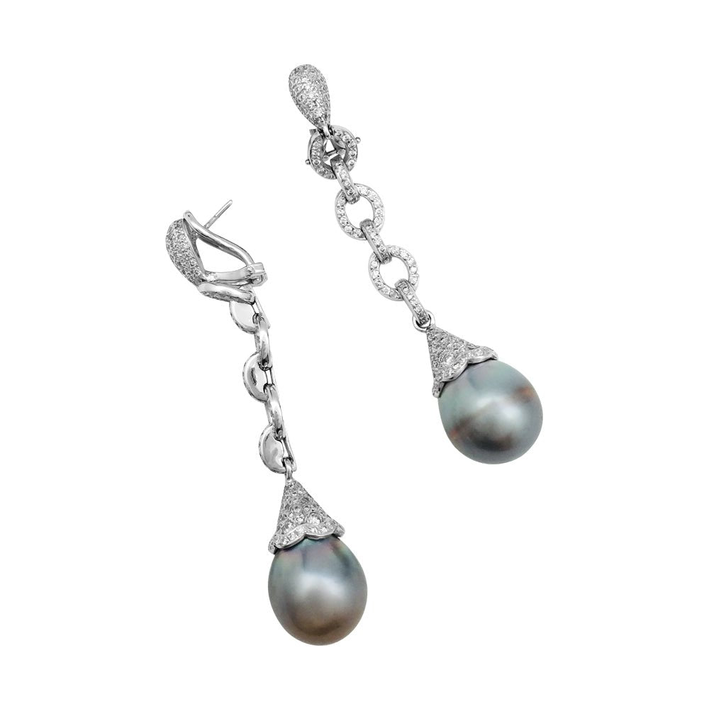 Boucles d'oreilles pendantes en or blanc, diamants et perles - Castafiore