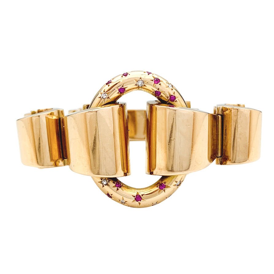 Bracelet Tank en or rose, diamants et pierres rouges - Castafiore