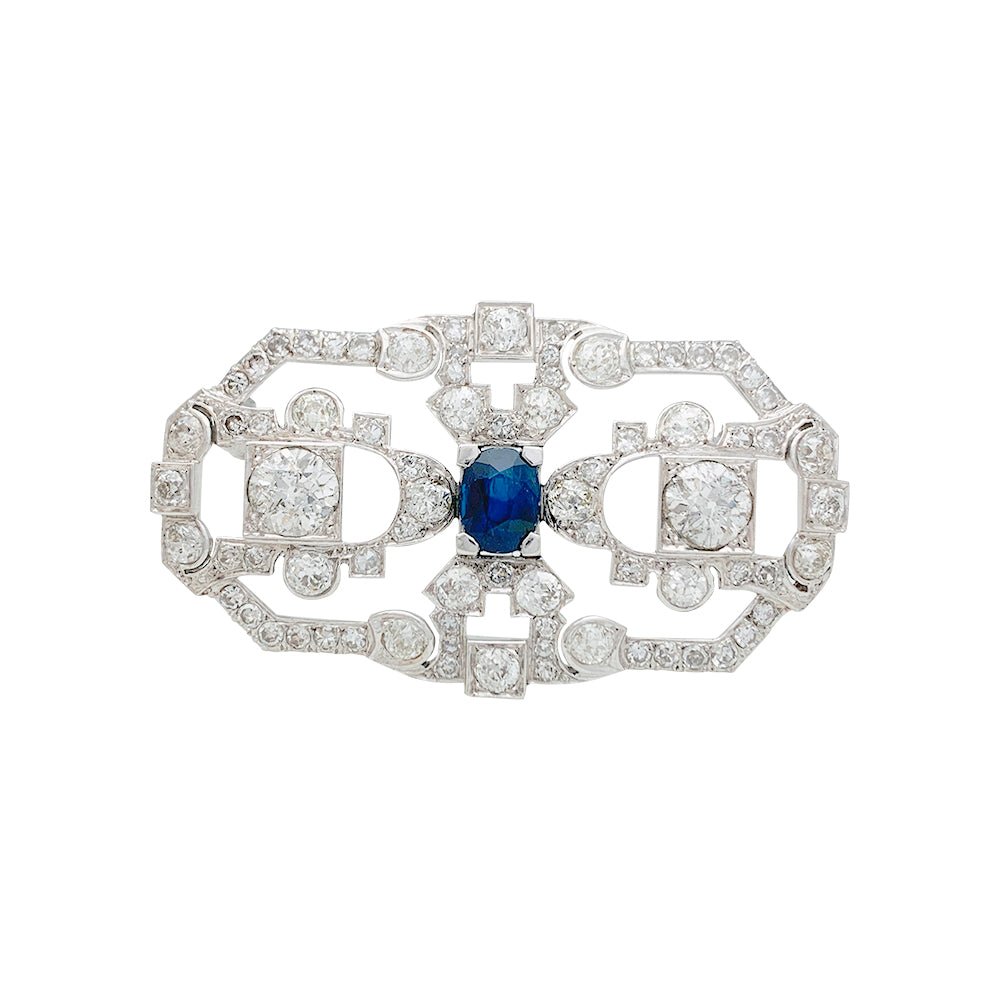 Broche Art Déco en platine, or blanc, saphir et diamants - Castafiore