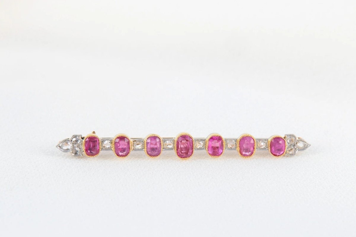 Broche Barrette Ancienne en Or, Diamants et Saphirs Roses - Castafiore