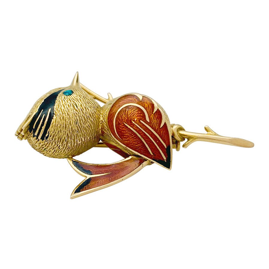 Broche "Oiseau Huppé" or jaune, émeraude, émail - Castafiore