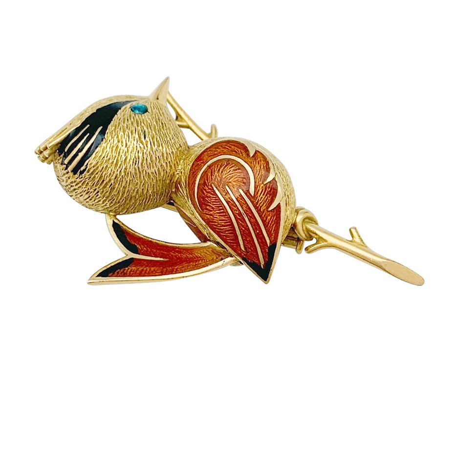 Broche "Oiseau Huppé" or jaune, émeraude, émail - Castafiore