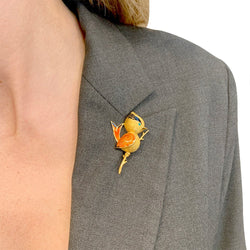 Broche "Oiseau Huppé" or jaune, émeraude, émail - Castafiore