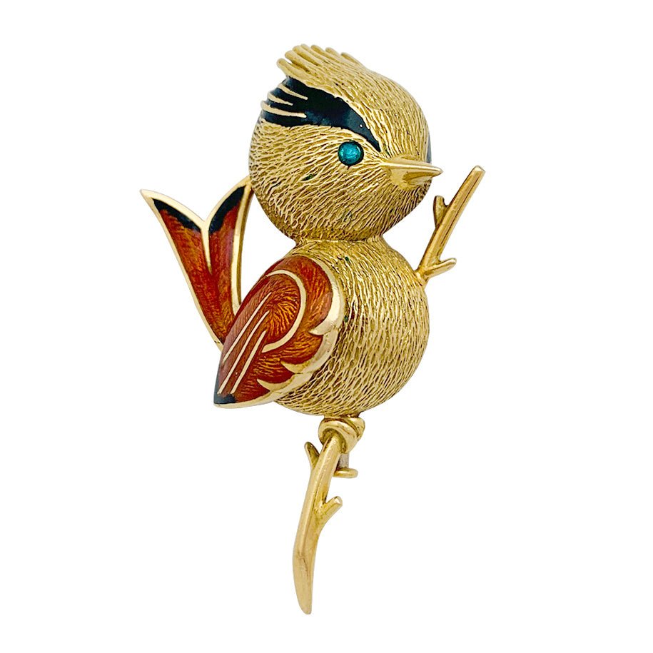 Broche "Oiseau Huppé" or jaune, émeraude, émail - Castafiore