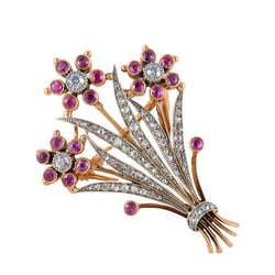 Broche Pendentif Fleur Belle Epoque en Or, Argent, Diamants et Rubis - Castafiore