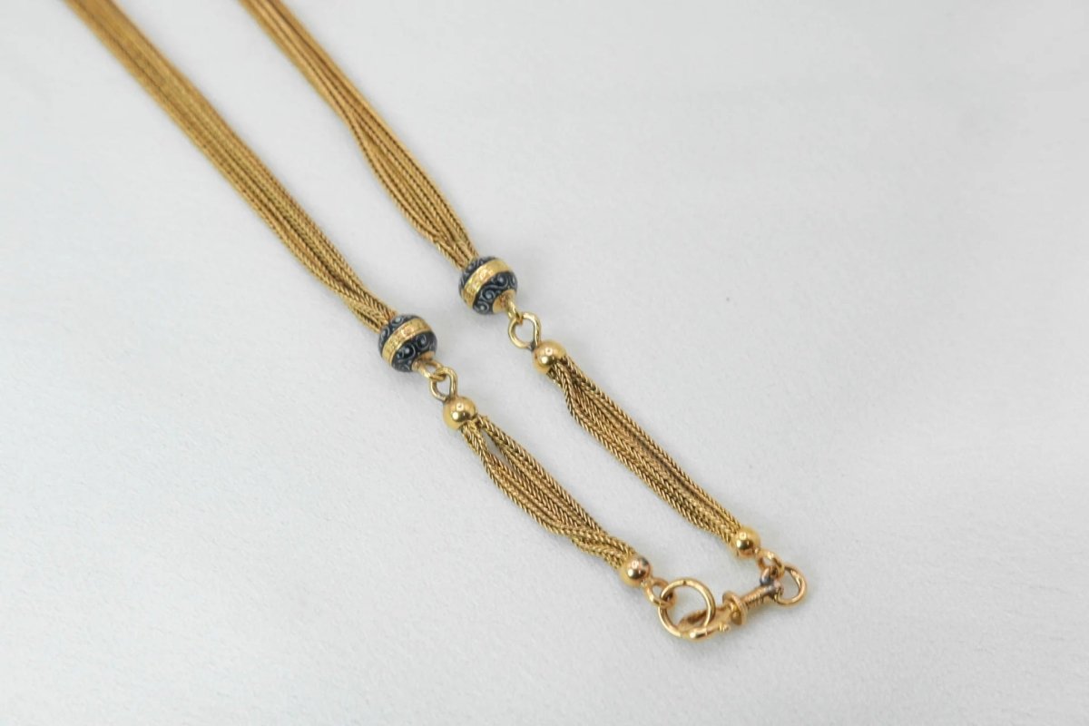 Collier ancien - Chaîne giletière en or, émail et rubis - Castafiore