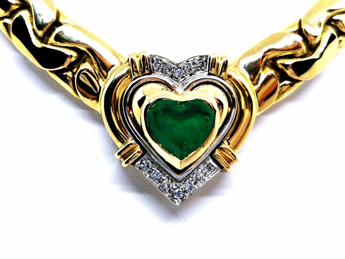 Collier massif coeur en 2 ors et émeraude - Castafiore