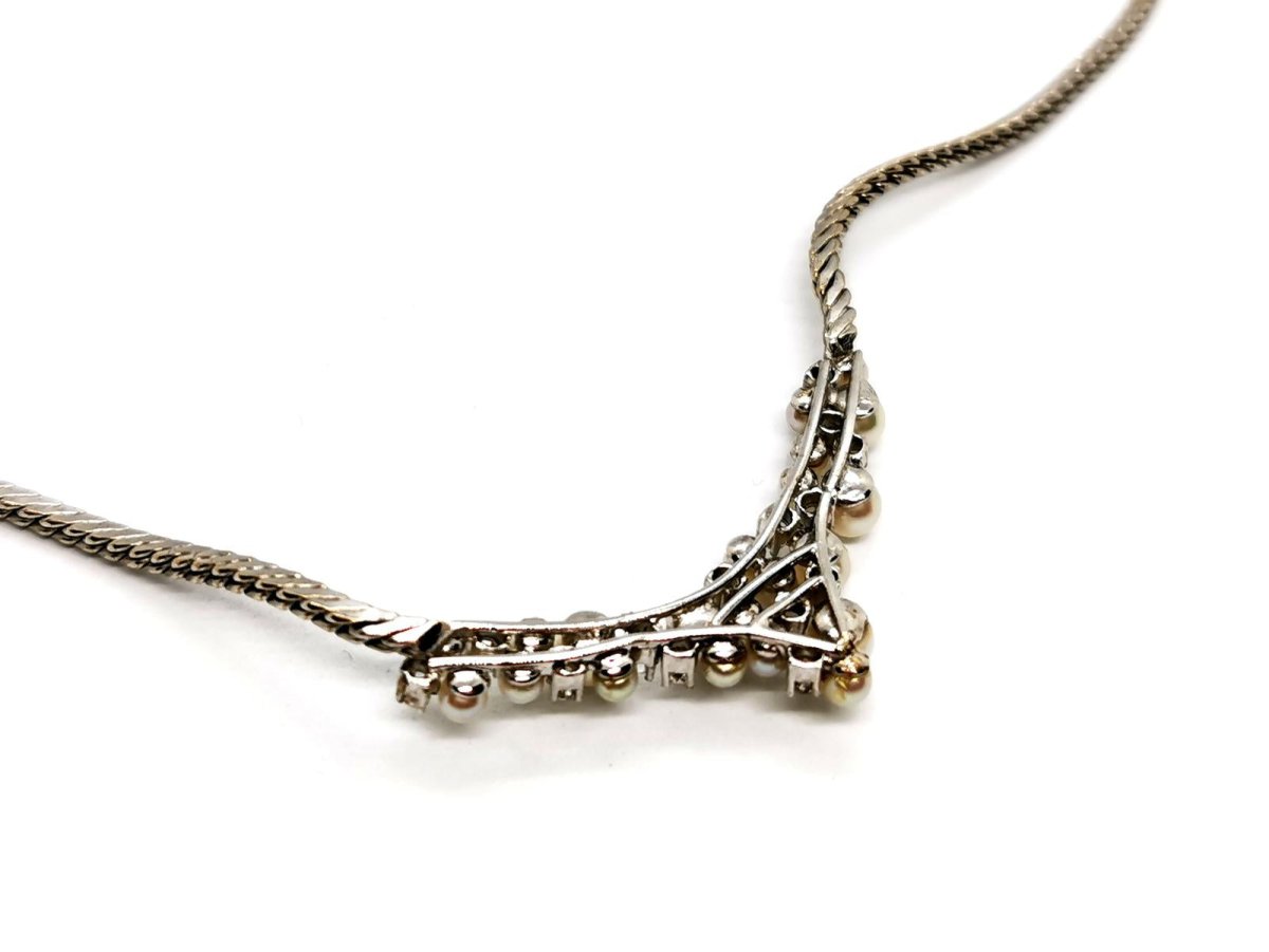 Collier Motif perles et diamants en or blanc - Castafiore