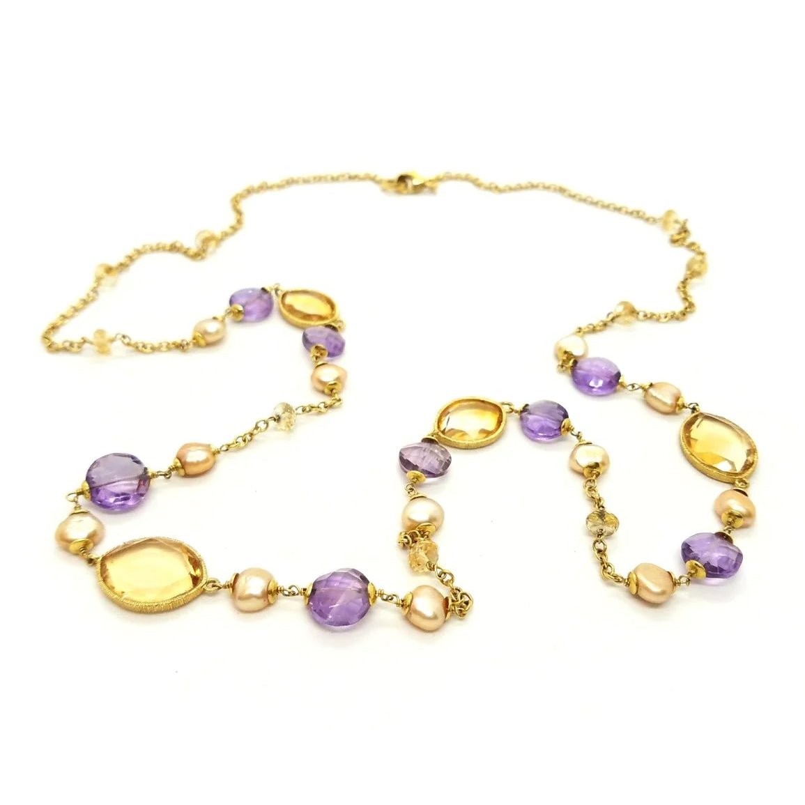 Collier Sautoir en or jaune, perles, citrines et améthystes - Castafiore
