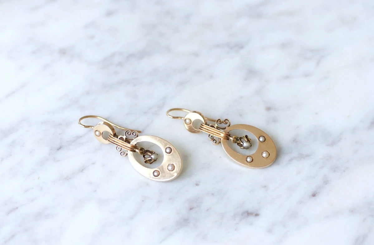Boucles d'oreilles Napoléon III, or rose et perles