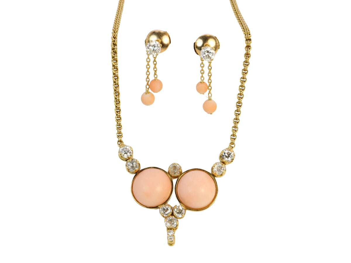 Boucle d’oreilles vintage en or, diamants taille ancienne et billes de corail