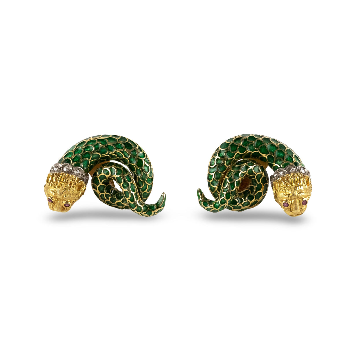 Boucles d'oreilles Clip LALAOUNIS Serpents en or jaune, émail, rubis et diamants