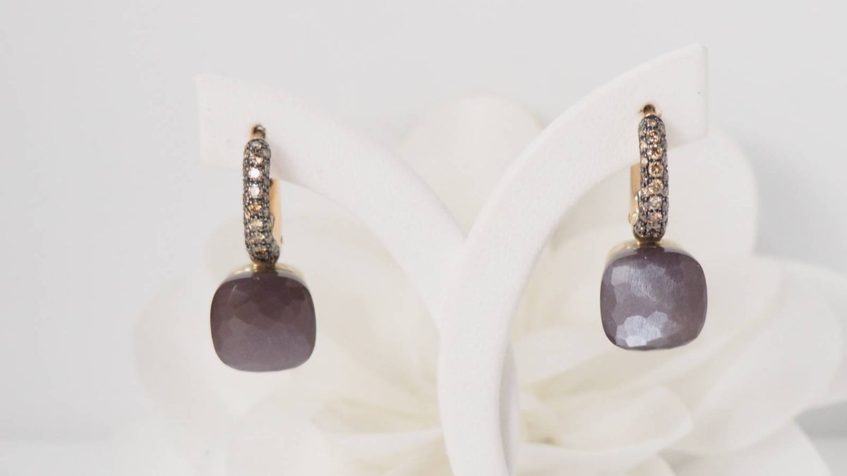 Boucles d'oreilles Pomellato en or rose, pierre de Lune et diamants bruns