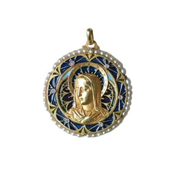 Médaille Vierge Marie émail plique à jour, perles et diamants - Castafiore
