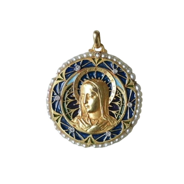 Médaille Vierge Marie émail plique à jour, perles et diamants - Castafiore