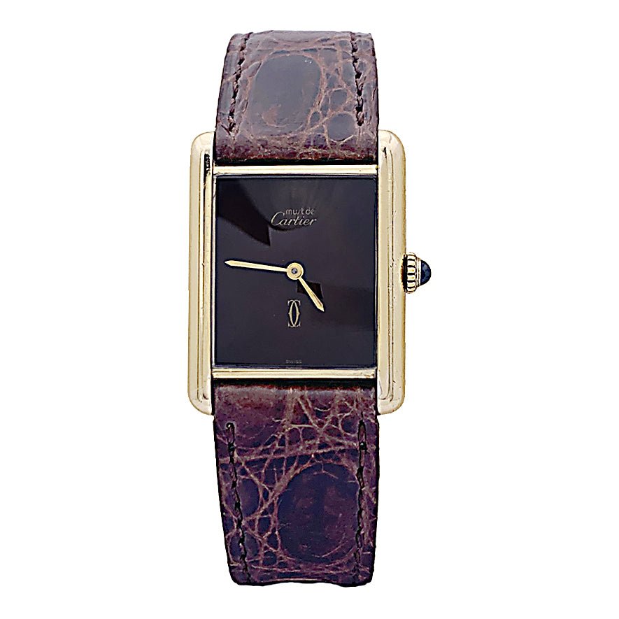 Montre CARTIER "Tank Must" argent plaqué or, cadran laqué marron. - Castafiore